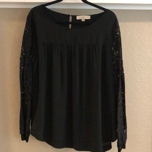 Black smocked Blouse with lace sleeves